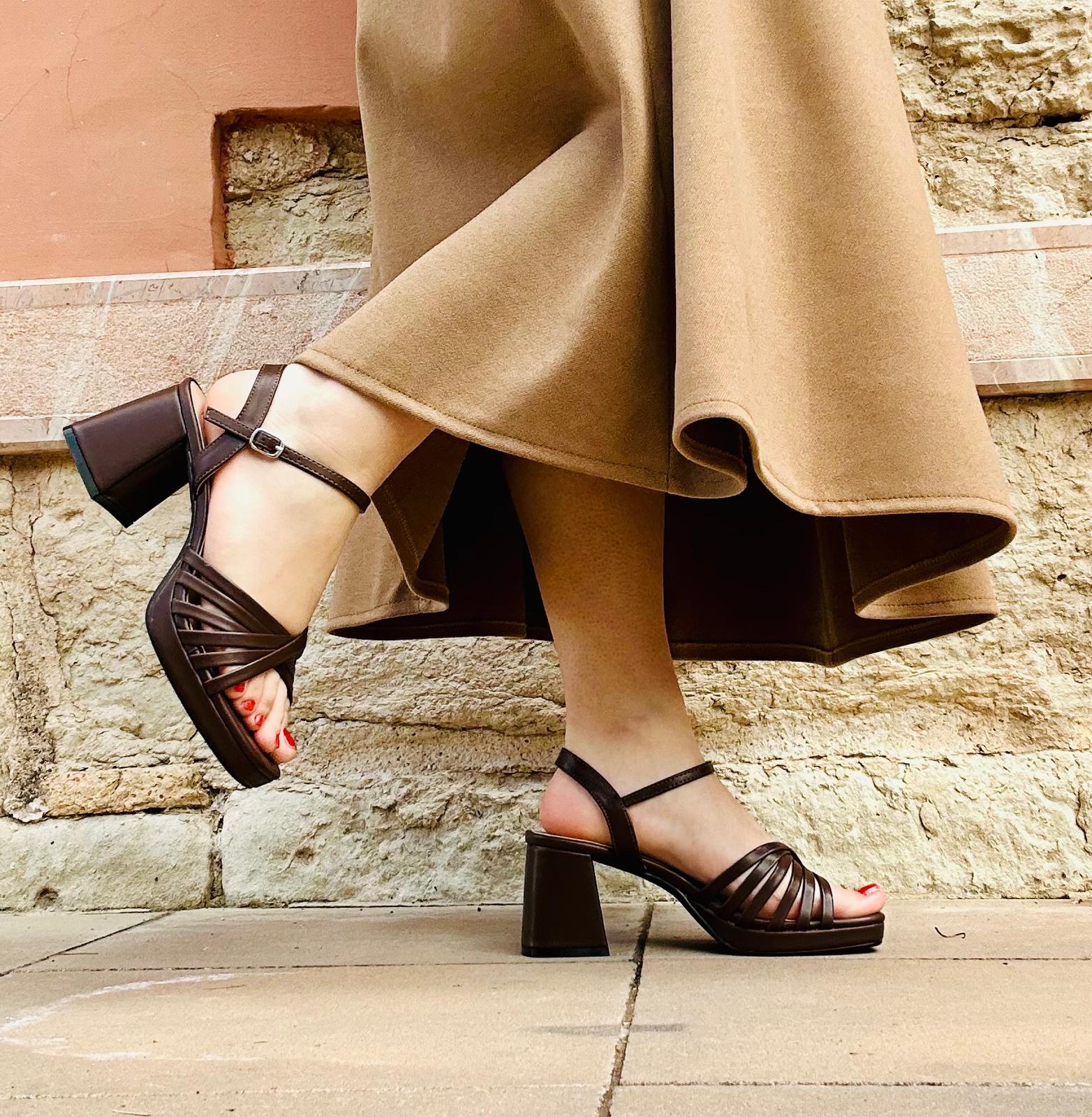 Zapatos de mujer de color marrón con un tacón alto y grueso