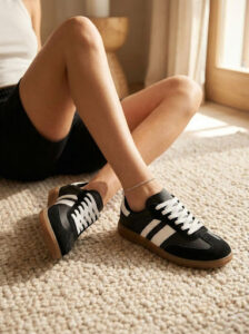 Zapatillas deportivas de color negro con cordones y adornos blancos