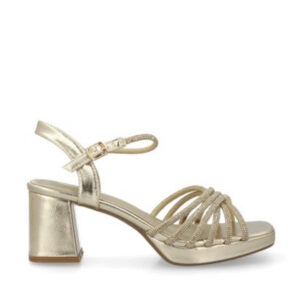 sandalia de tacón cuadrado tiras strass de media alta de color dorado